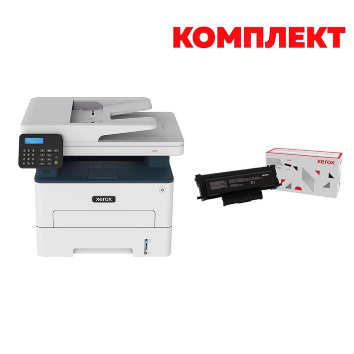 Xerox Лазерен принтер 3 в 1 B225, Wi-Fi, А4, в комплект с Xerox Тонер 006R04403, B225/230/235, 3000 страници/5%, Black