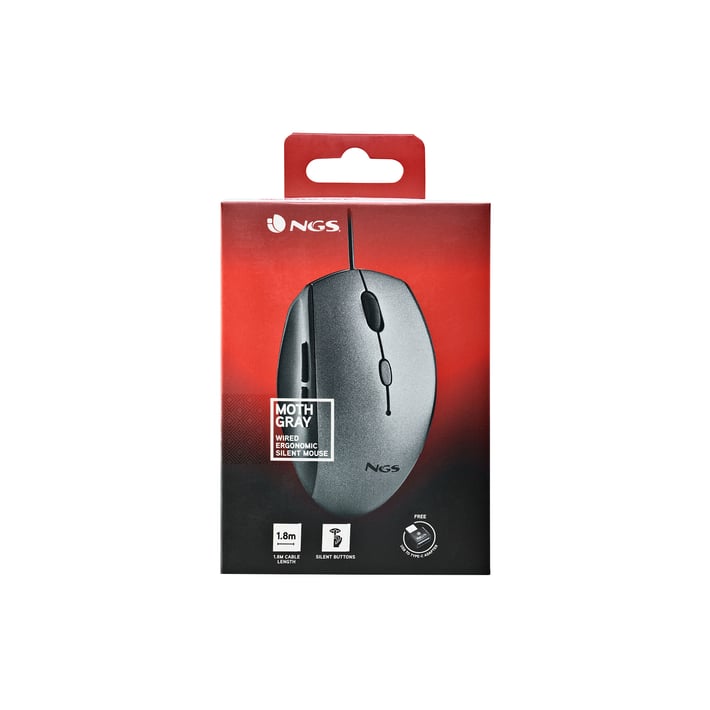 NGS Мишка Moth, с кабел, 6 бутона, USB Type-C, 1600 dpi, сива