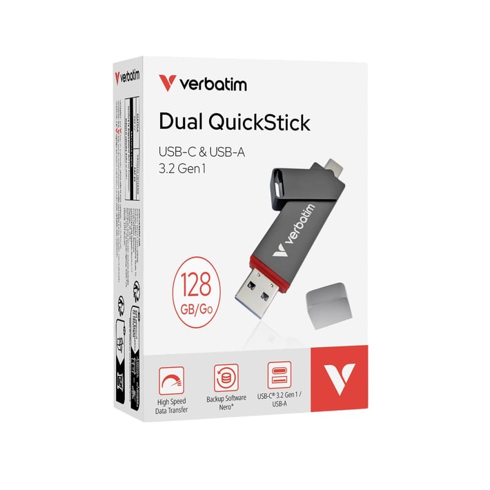 Verbatim USB флаш памет Dual QuickStick, USB Type A/Type C, 128 GB