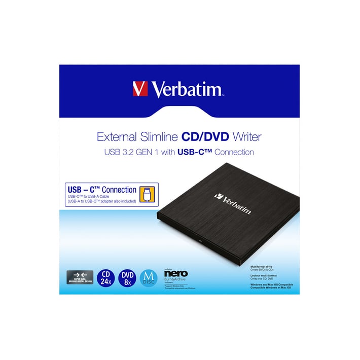 Verbatim Записвачка за CD/DVD Slimline, USB-C, черна