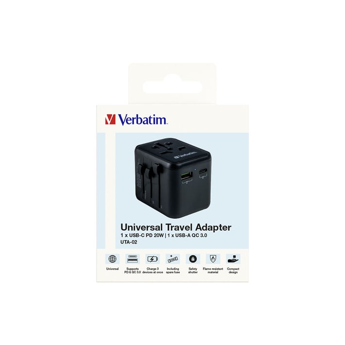 Verbatim Адаптер Universal Travel, UTA-02, PD20W, QC, USB Type-A, USB Type-C