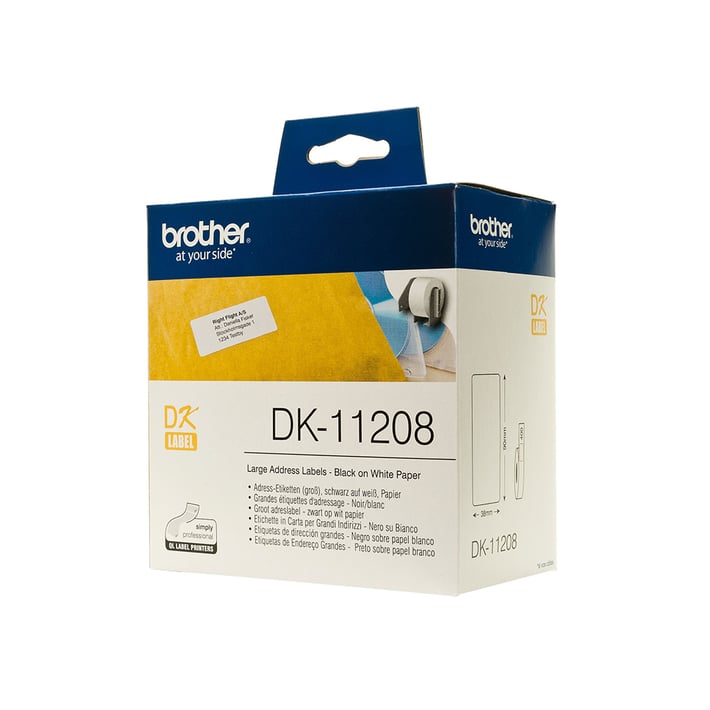 Brother Етикети DK11208, за адреси, 38 x 90 mm, бели, 400 броя в ролка
