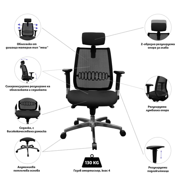 MJ Ергономичен стол Ada, директорски, тъмносива седалка, черна облегалка