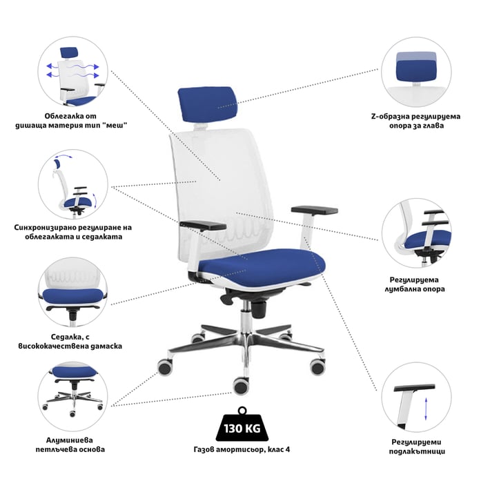 MJ Ергономичен стол Ada White, директорски, синя седалка, бяла облегалка
