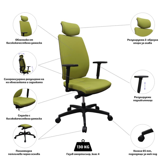 MJ Ергономичен стол Elani ST1 Z, директорски, зелен