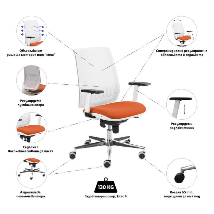 MJ Ергономичен стол Ada White, работен, оранжева седалка, бяла облегалка