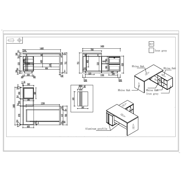 RFG Работно бюро Chicago, с шкаф, 1400 х 1400 х 750 mm, дъб Рейн и тъмносиво