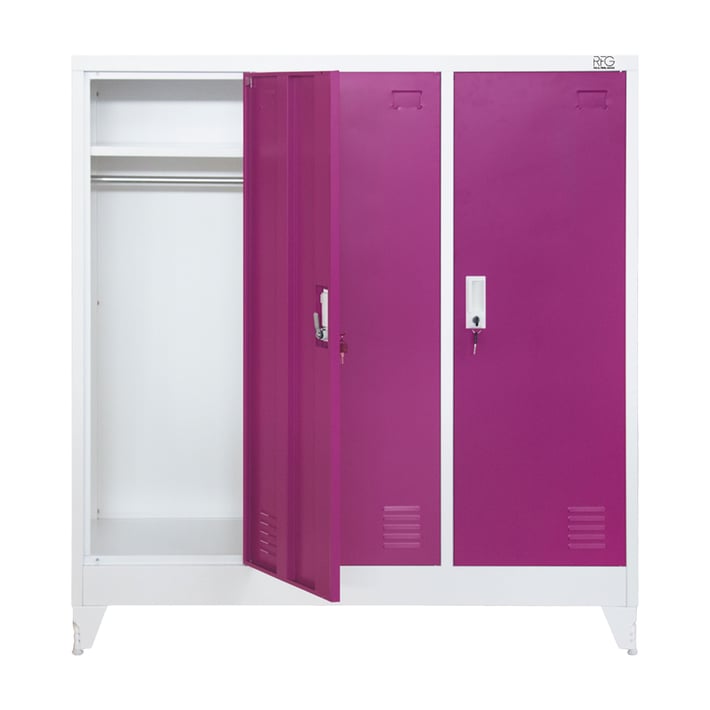 RFG Гардероб, метален, троен, с три врати, 120 х 40 х 120 cm, бял, с лилави врати