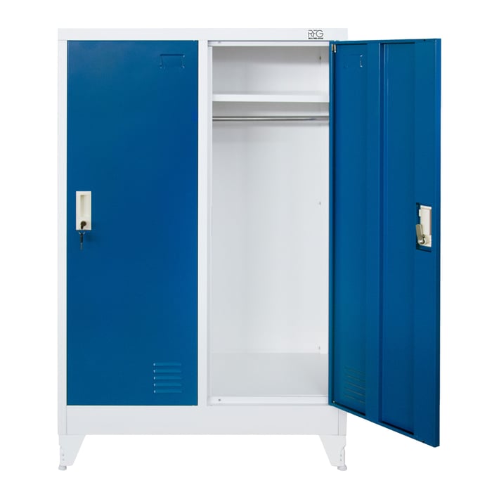 RFG Гардероб, метален, двоен, с две врати, 800 х 400 х 1200 mm, бял, със сини врати