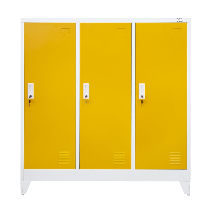 RFG Гардероб, метален, троен, с три врати, 1200 х 400 х 1200 mm, бял, с жълти врати