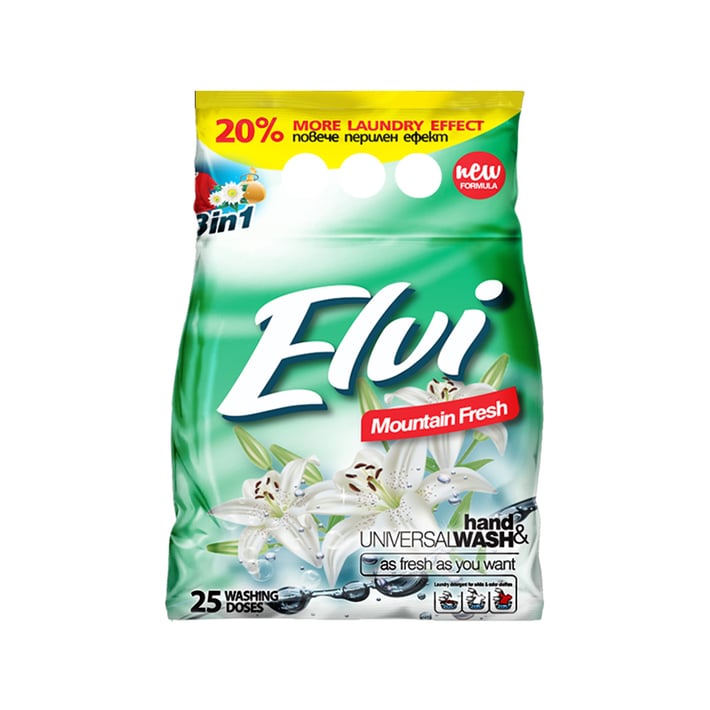 Elvi Перилен препарат, прах, за бяло и цветно пране, планинска свежест, 2 kg