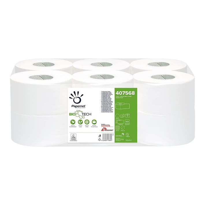 Papernet Тоалетна хартия Bio, Mini Jumbo, двупластова, 405 къса, 12 броя