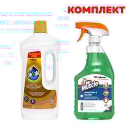 Pronto Препарат за почистване на под и дървени настилки Wood, 1 L, в комплект с Mr.Muscle Препарат за стъкла и прозорци, 750 ml