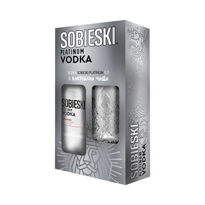 Sobieski Platinum Водка, 700 ml, в комплект с коктейлна чаша