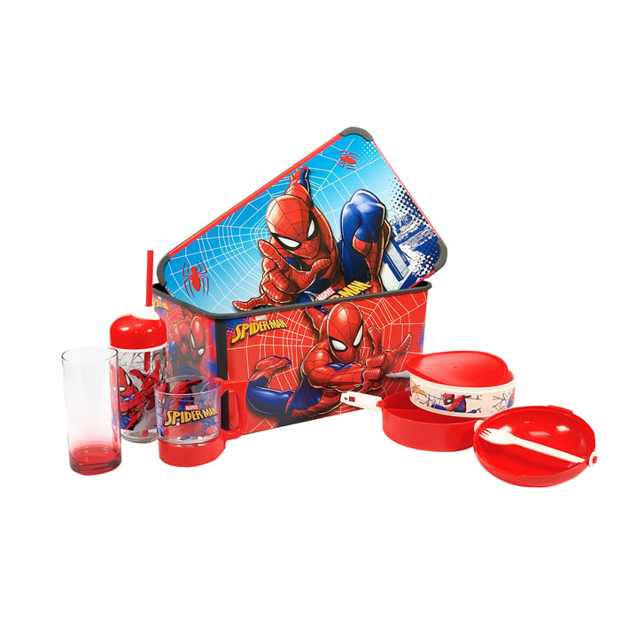 Disney Комплект Spiderman, кутия за съхранение 20 L, кутия за обяд 1 L, бутилка със сламка 370 ml, възглавница, стъклена чаша, чаша 280 ml