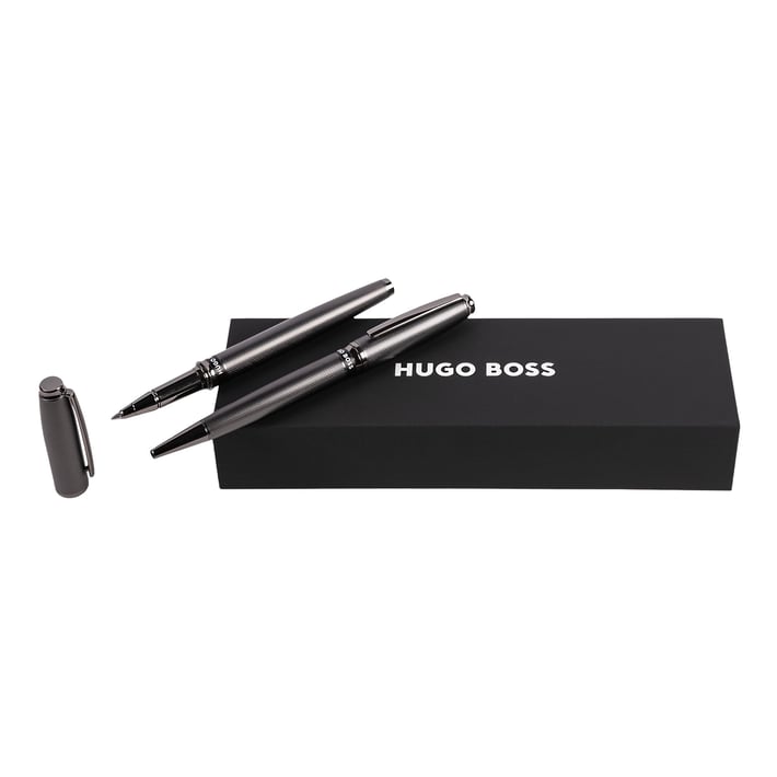 Hugo Boss Комплект химикалка и ролер Stream Gun, в кутия, сиви