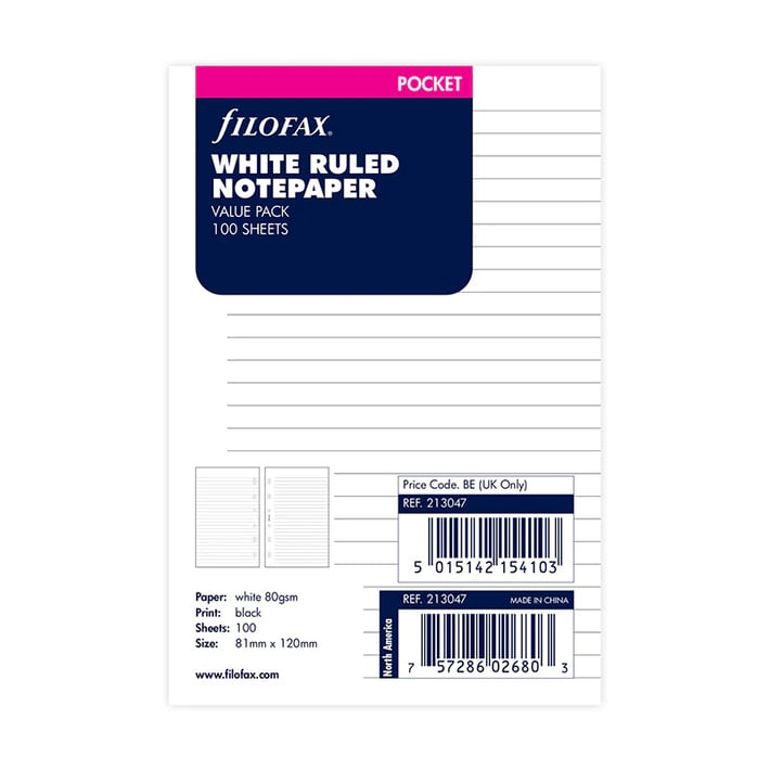 Filofax Пълнител за органайзер Pocket Value Pack, на редове, бял