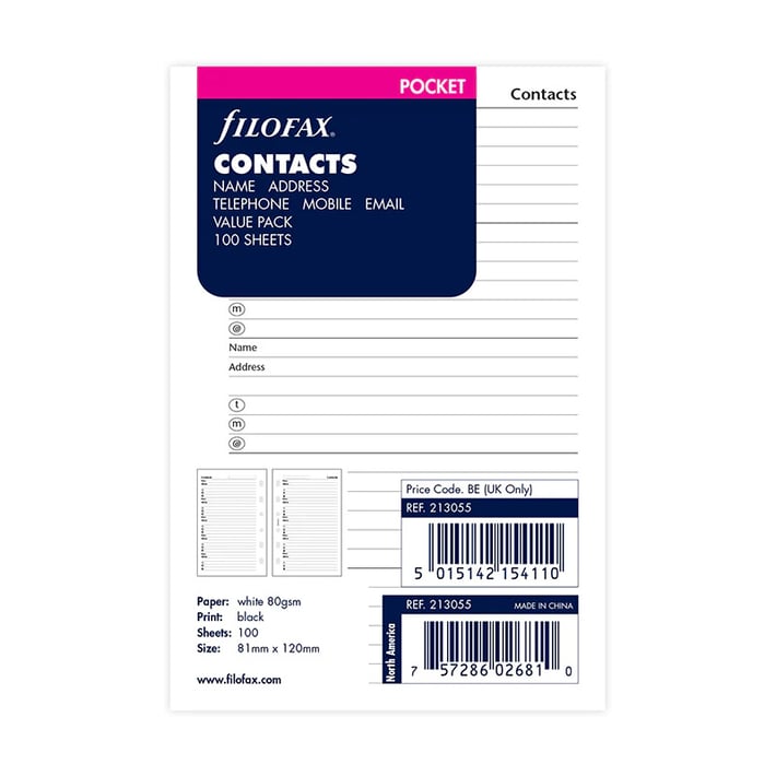 Filofax Пълнител за органайзер Pocket Value Pack, за имена, адреси и телефони