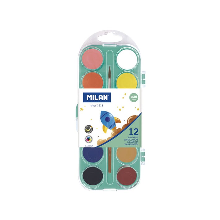 Milan Акварелни бои, 30 mm, 12 цвята, с включена четка, опаковка 12