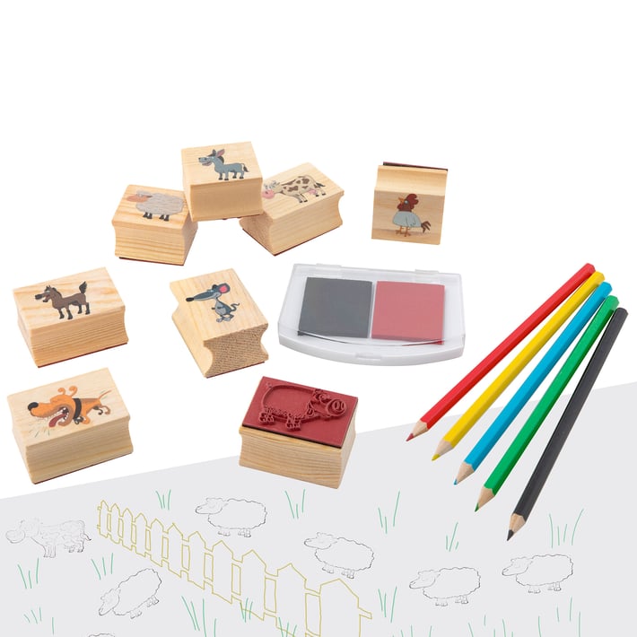 Grafix Комплект дървени печати и цветни моливи, в кутия, сини