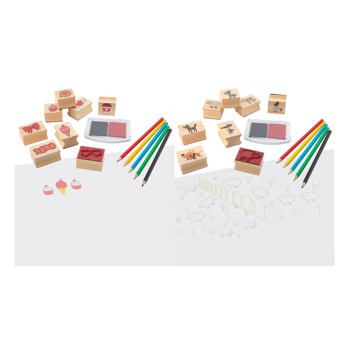 Grafix Комплект дървени печати и цветни моливи, в кутия, асорти, 36 броя