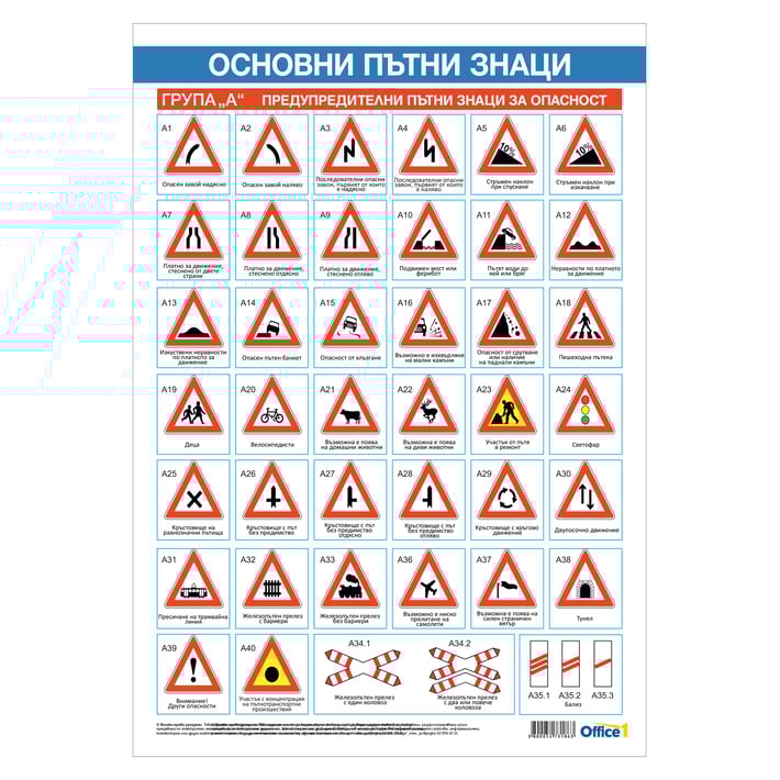 Office 1 Ученическо табло ''Безопасност на движението - основни пътни знаци'', без лайстни, двустранно