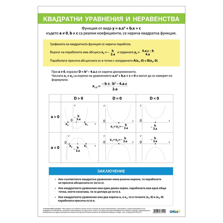 Office 1 Ученическо табло ''Квадратни уравнения и неравенства'', 70 x 100 cm, двустранно