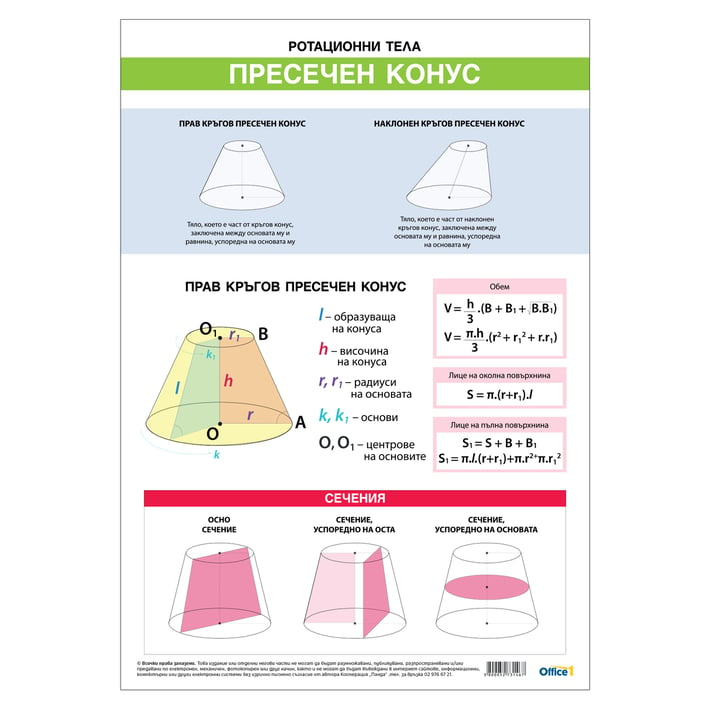 Office 1 Ученическо табло ''Ротационни тела пресечен конус и сфера'', 70 x 100 cm, двустранно