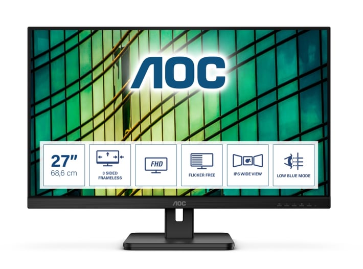 AOC Монитор 27E2QAE, 27'', LED, 1920 x 1080, 250 cd/m2, 4 ms, HDMI, VGA, черен